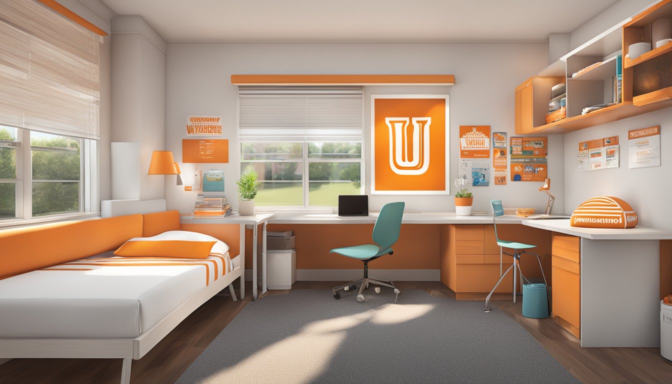 A college dorm room with Whataburger branding and decor, including the iconic orange and white color scheme, and a mix of fast food and academic elements