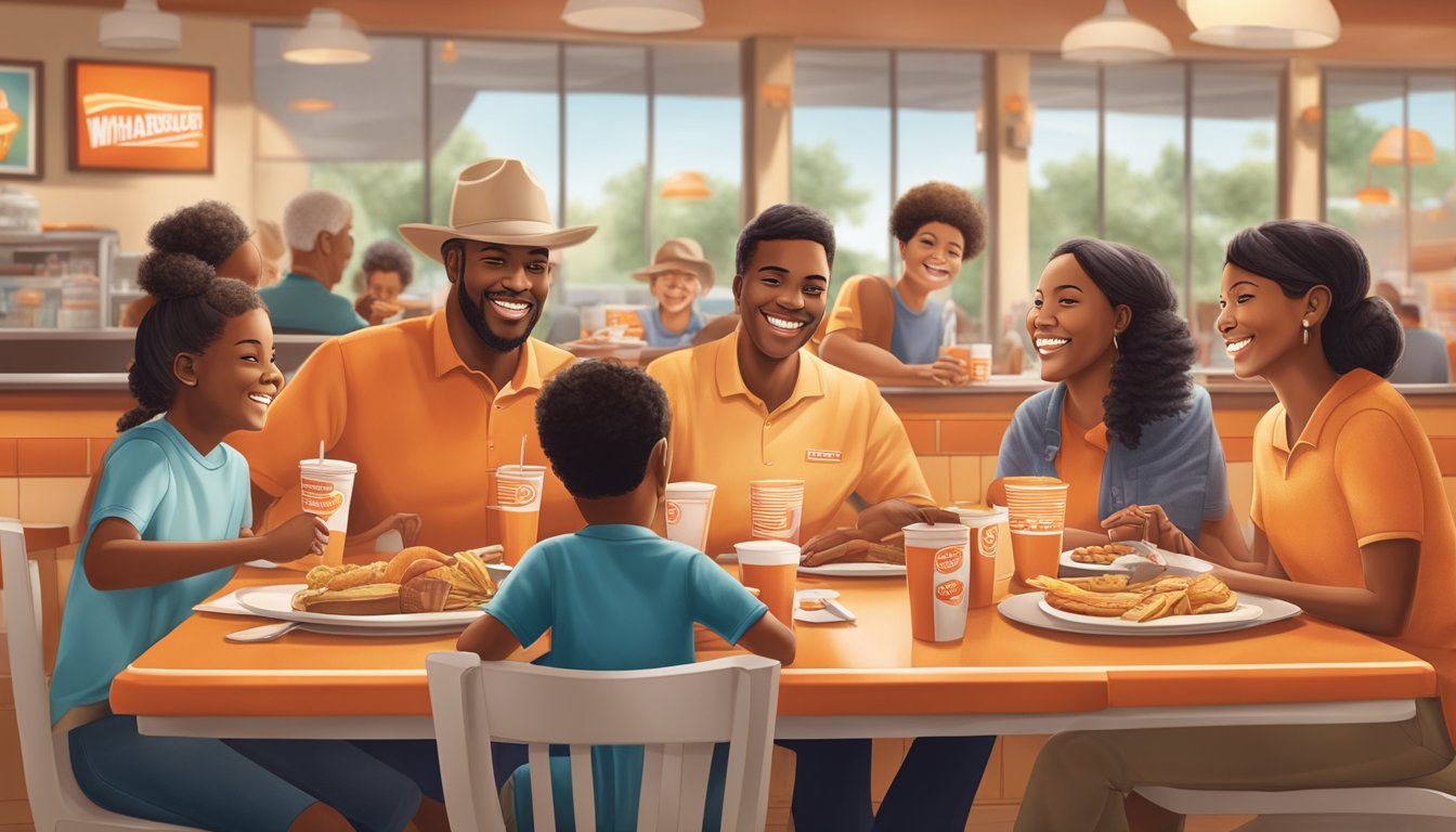 A family enjoying a meal at a Whataburger restaurant, with multiple generations gathered around a table, smiling and sharing a sense of love and tradition for the iconic Texas institution