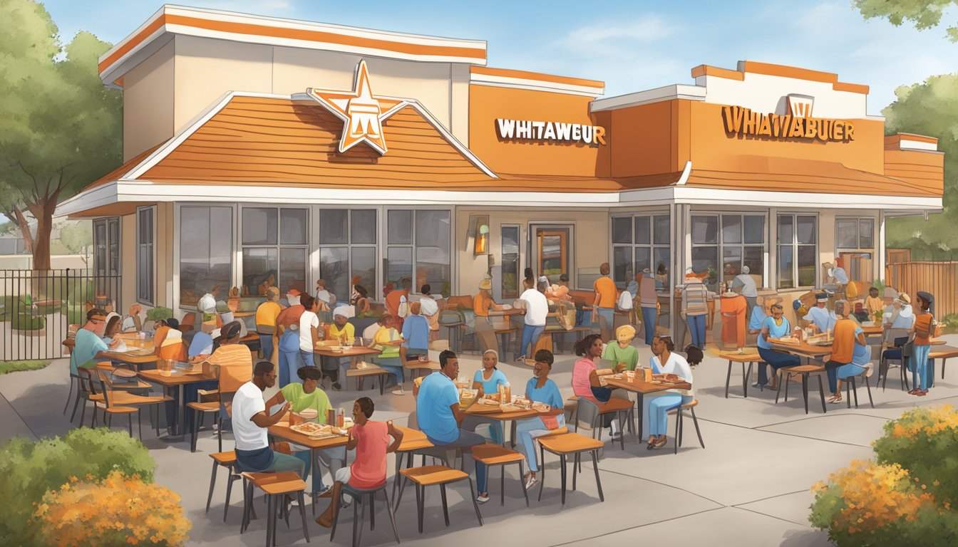 A bustling Whataburger restaurant with a diverse crowd enjoying Texas-inspired meals. Outdoor seating area with a community event featuring a cookbook display and cooking demonstration