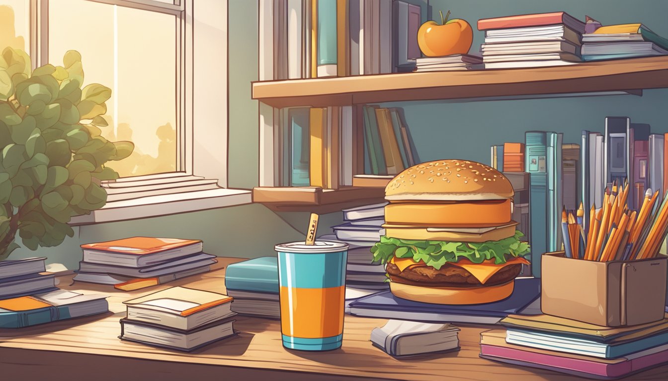 A college dorm room with a Whataburger fast food meal on a desk, surrounded by textbooks and school supplies