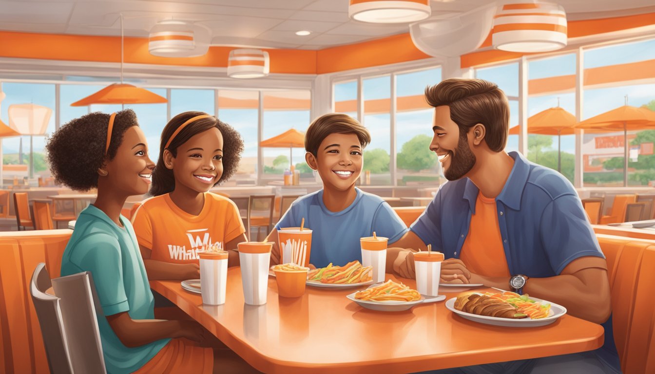 A family of four sits around a table at Whataburger, smiling and enjoying their meals. The iconic orange and white stripes of the restaurant are visible in the background