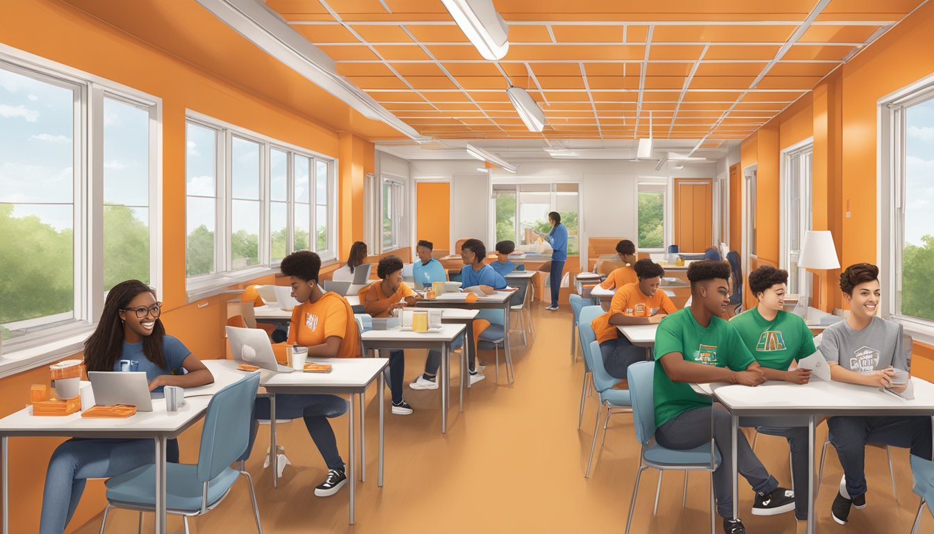 A college dorm with Whataburger branding, featuring study areas, dining spaces, and students receiving scholarships