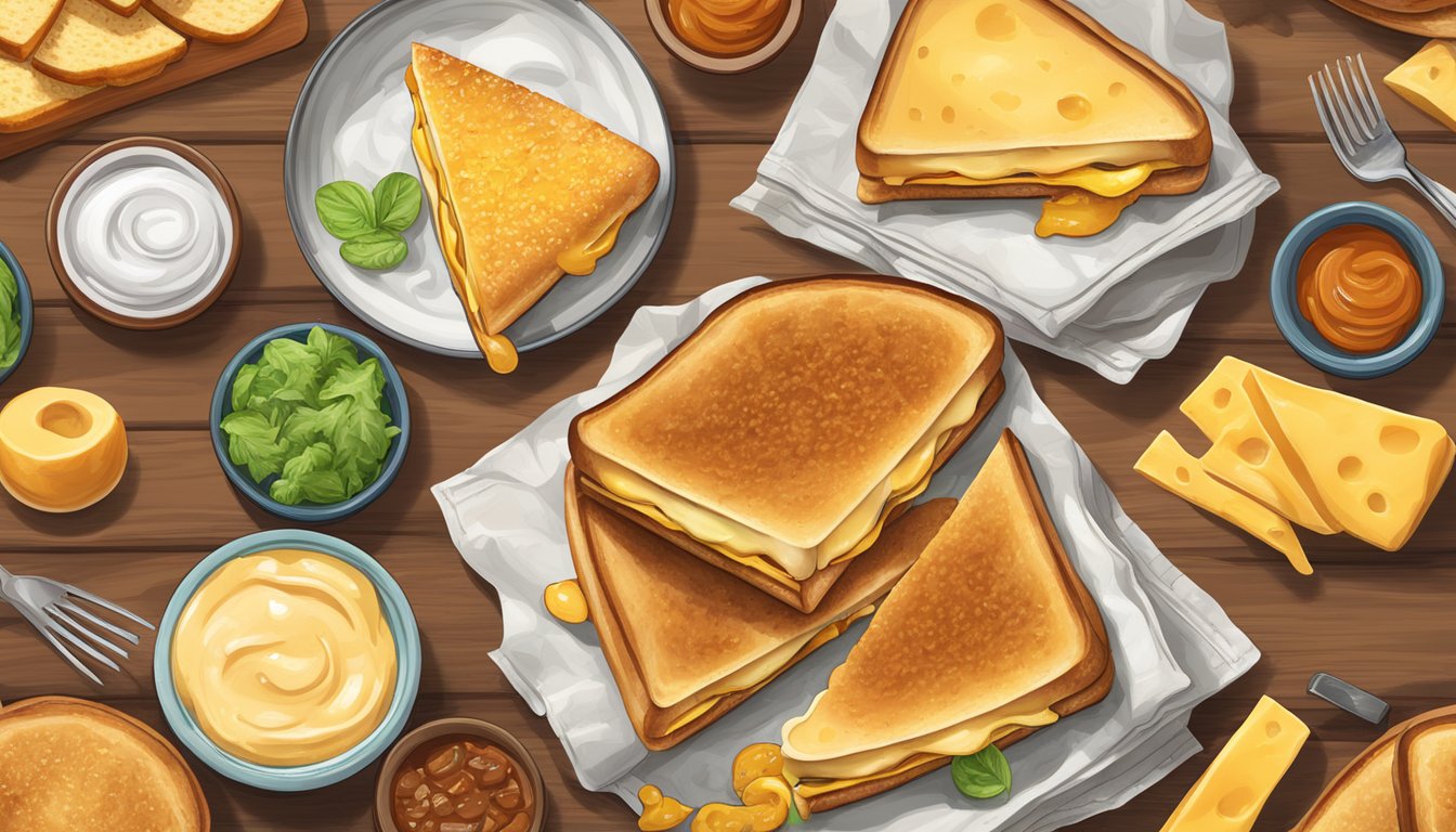 A sizzling grilled cheese sandwich with melted cheese oozing out, paired with a side of Texas-inspired flavors and ingredients