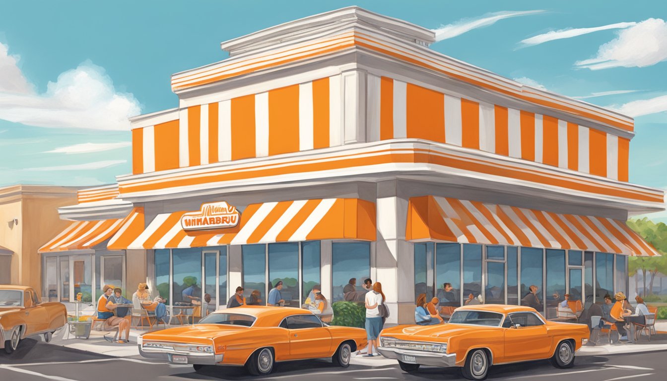 A family enjoying a meal at a Whataburger, with the iconic orange and white striped building in the background