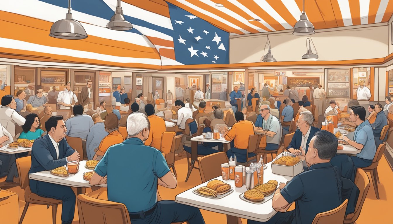 A crowded Whataburger restaurant with a prominent Texas flag hanging on the wall, while local politicians engage in lively discussions over burgers and fries