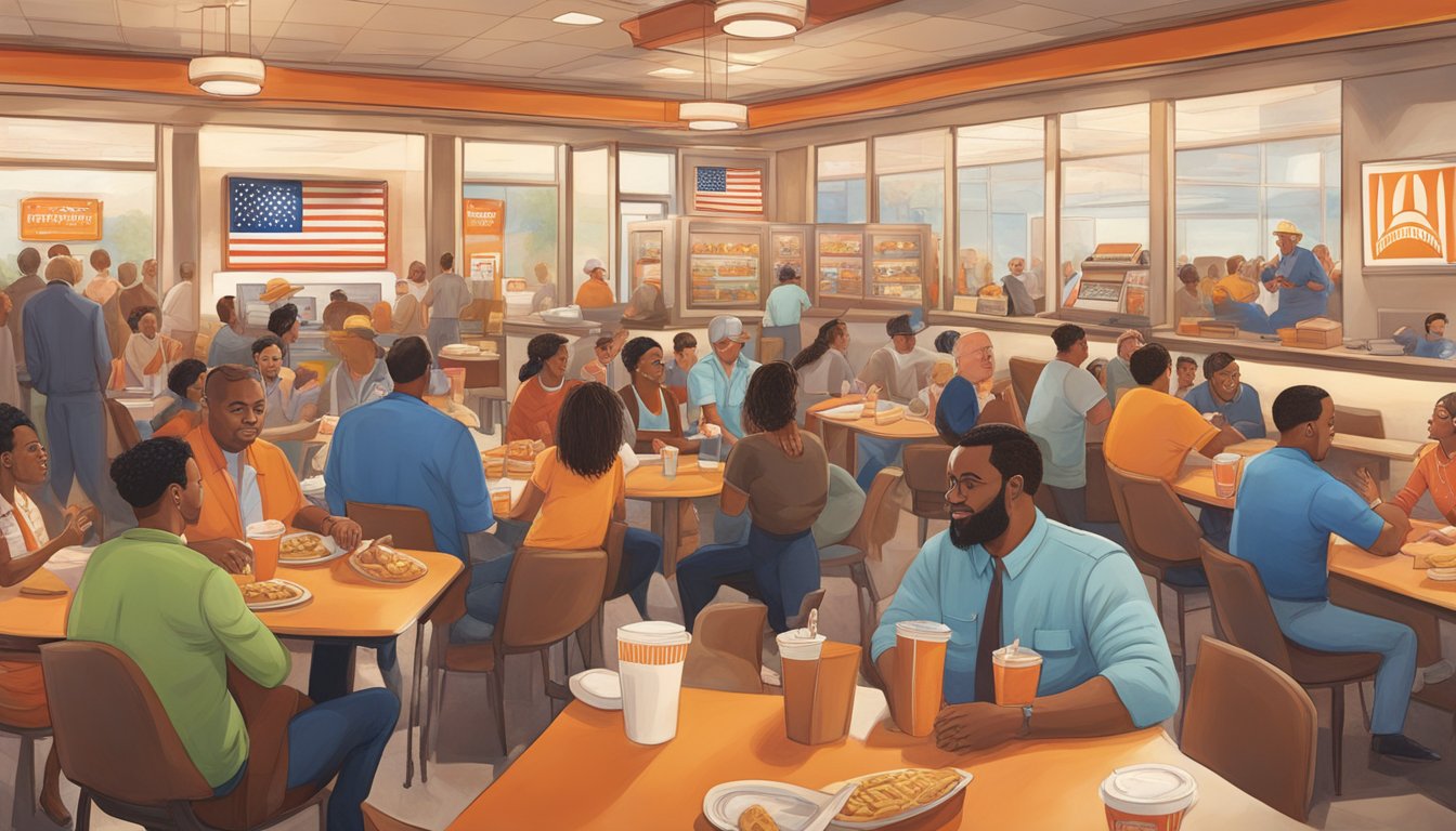 A bustling Whataburger restaurant with a Texas flag flying outside, surrounded by diverse customers and political figures engaged in lively discussions