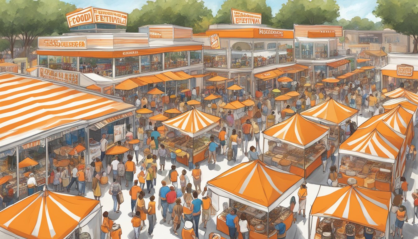 A bustling Texas food festival with Whataburger's iconic orange and white striped booth at the center, surrounded by eager festival-goers sampling delicious Texas cuisine