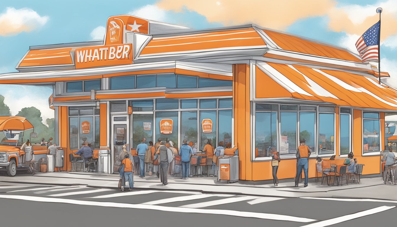 A bustling Whataburger restaurant surrounded by Texas flags and political signs, with a line of customers stretching out the door