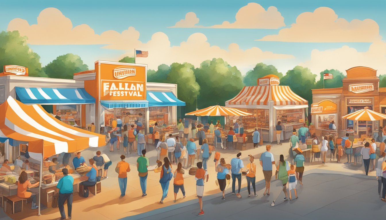 A bustling Texas food festival with Whataburger-themed booths and merchandise, featuring crowds of people enjoying the iconic fast-food chain's influence on local cuisine