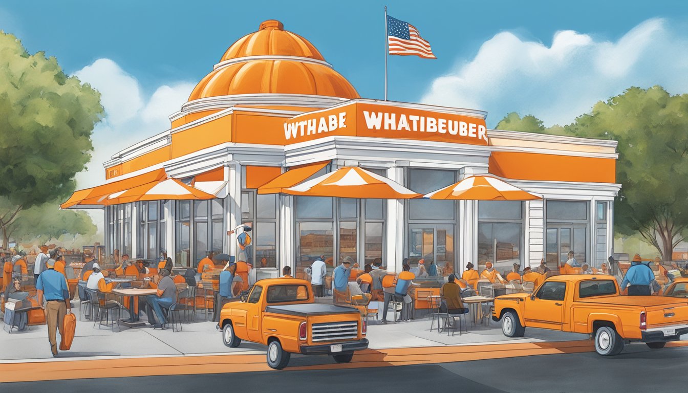 A bustling Whataburger restaurant with a diverse menu and customers displaying loyalty through branded merchandise. Texas Capitol building in the background