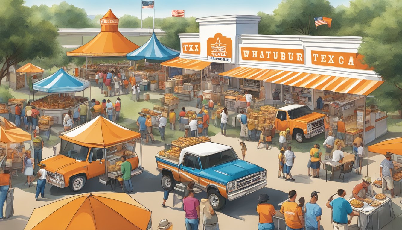 A bustling Texas food festival with a prominent Whataburger booth serving up classic Texas cuisine to eager festival-goers