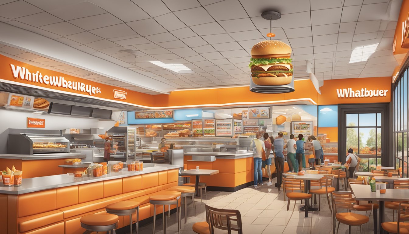 A bustling Whataburger restaurant with a diverse menu and innovative products. The store is adorned with various advertisements showcasing the evolution of their marketing campaigns