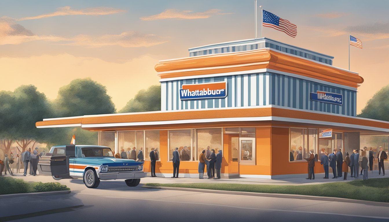 A Whataburger restaurant with a Texas flag flying outside, surrounded by politicians and lobbyists engaged in discussions and exchanging money