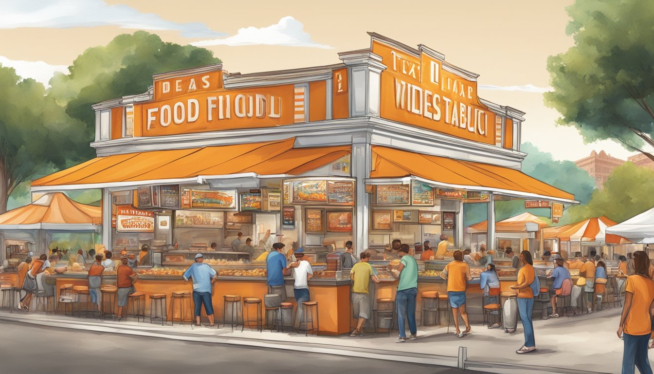 A bustling Texas food festival with a prominent Whataburger-themed booth surrounded by diverse architectural styles