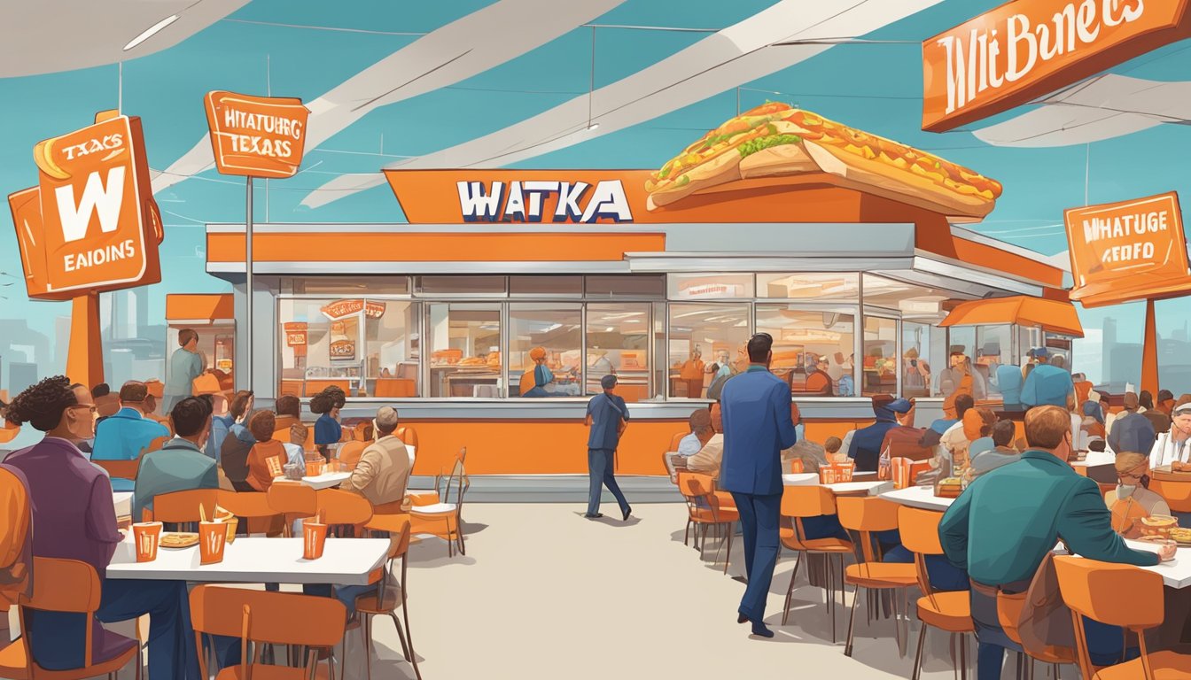 A bustling fast food restaurant surrounded by political figures and signs, symbolizing Whataburger's influence in Texas politics