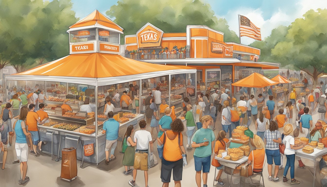 A bustling Texas food festival with a prominent Whataburger booth surrounded by eager festival-goers sampling a variety of delicious, Texas-inspired dishes