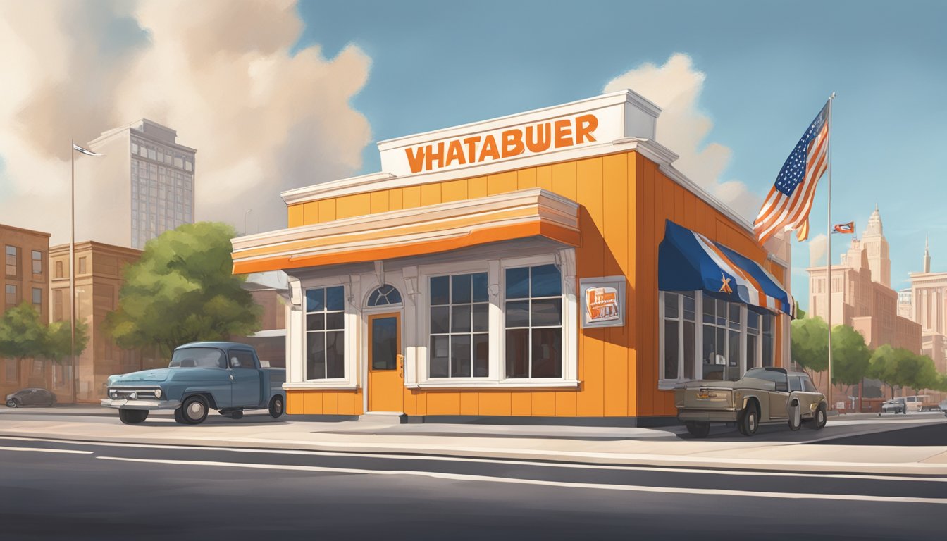 A Whataburger restaurant with a Texas state flag flying outside, surrounded by bustling streets and political buildings