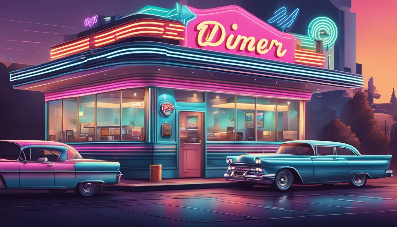 A retro diner with a neon sign, surrounded by modern billboards and social media icons