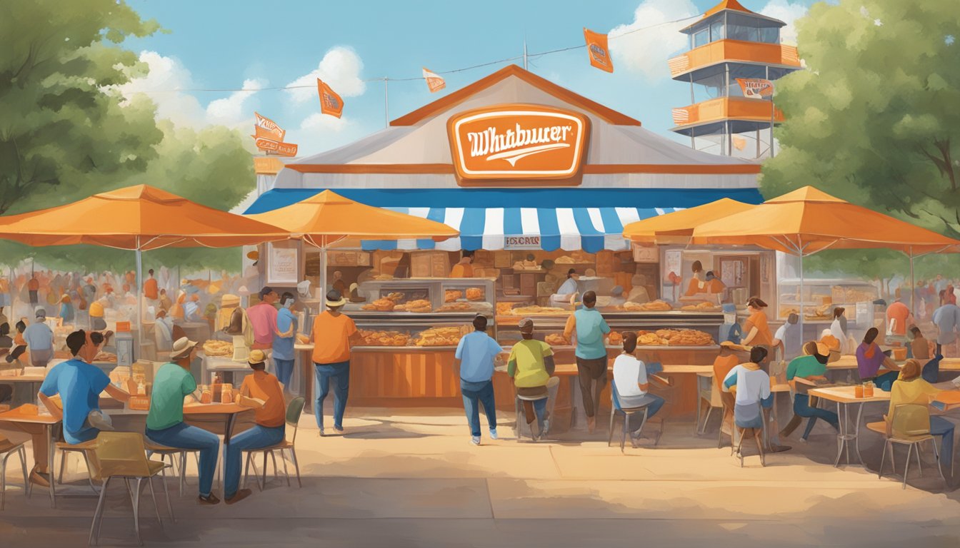 A bustling Texas food festival with Whataburger's logo prominently displayed on banners and merchandise booths. The aroma of sizzling burgers fills the air as festival-goers sample the iconic Texan fast-food chain's offerings