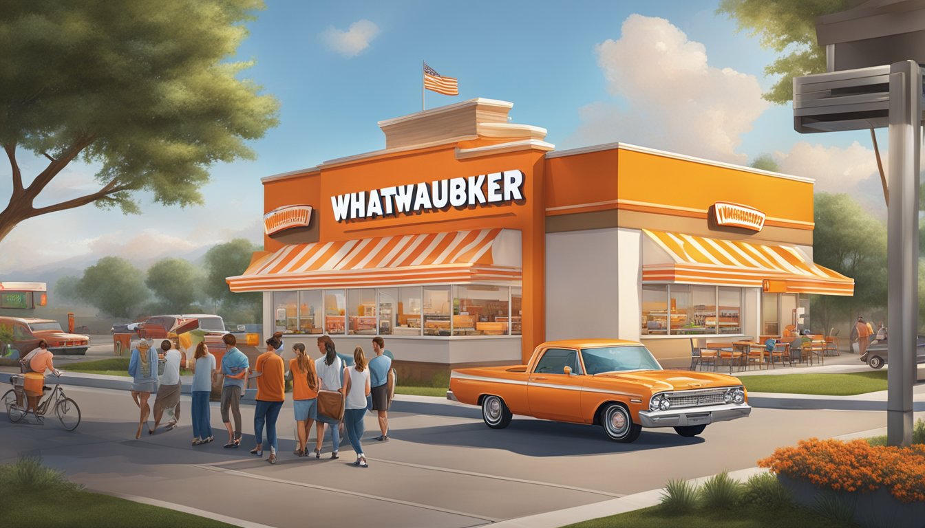 A bustling Whataburger restaurant with a drive-thru, outdoor seating, and a colorful, eye-catching billboard advertising their latest viral campaign