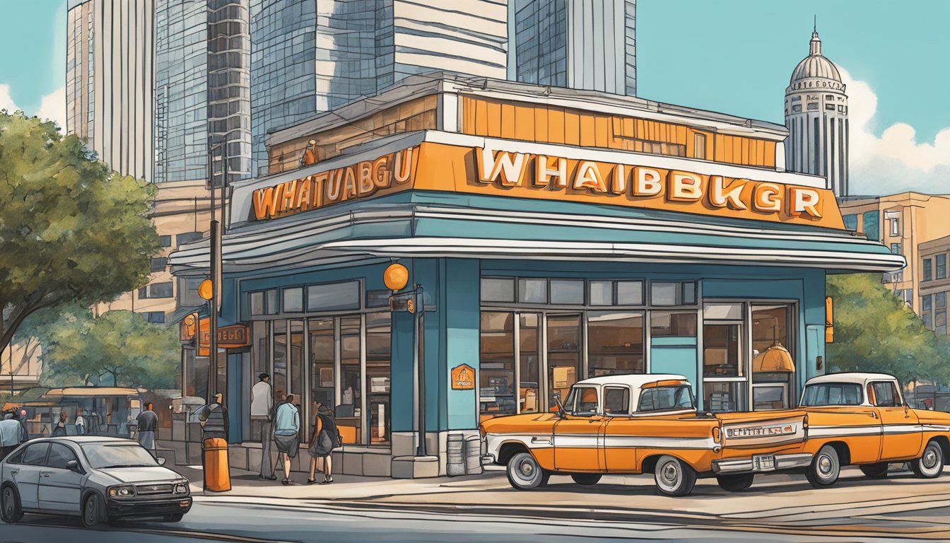 A Whataburger restaurant sits nestled among the bustling streets of downtown Austin, Texas, with the state capitol building looming in the background