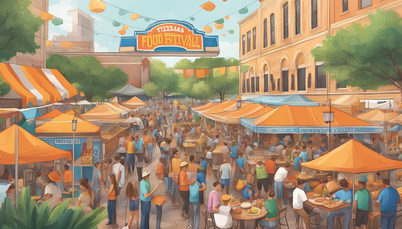 A bustling Texas food festival with Whataburger-inspired dishes, colorful booths, and lively music, drawing in crowds of locals and tourists alike