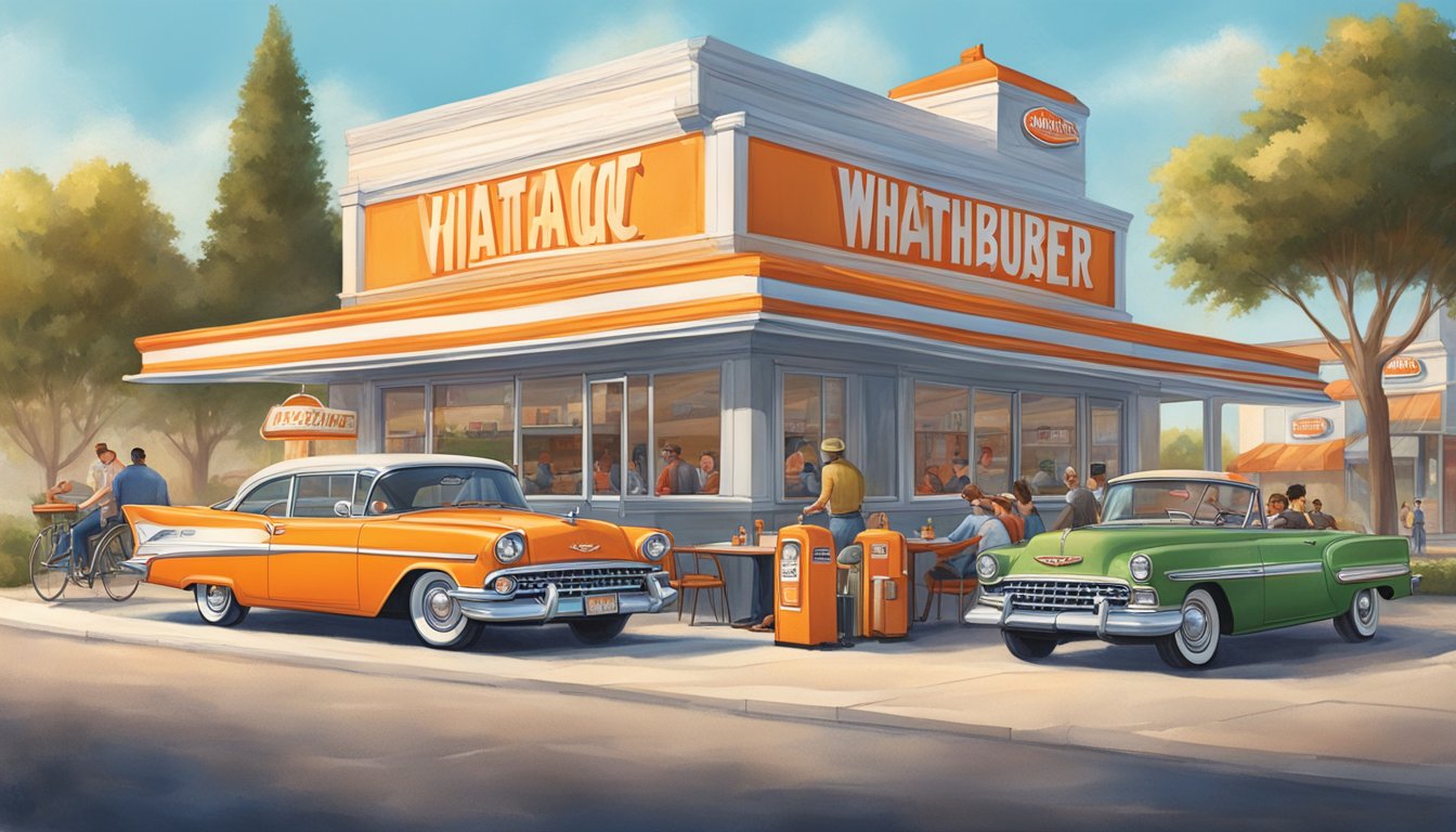 A vintage Whataburger storefront with a classic car parked in front, surrounded by happy customers enjoying their meals at outdoor tables