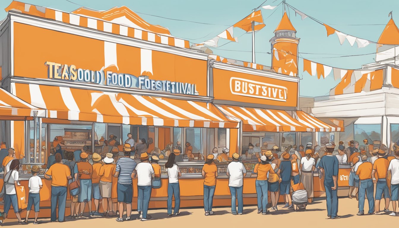 A bustling Texas food festival with a prominent Whataburger booth, featuring the iconic orange and white striped branding and a line of eager festival-goers waiting to sample their offerings