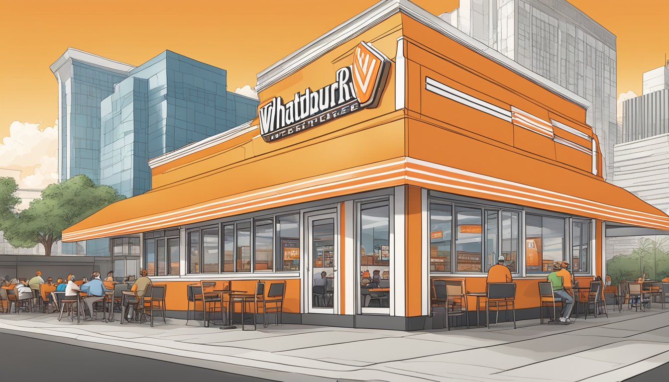 A bustling Whataburger restaurant with a mix of indoor and outdoor seating, surrounded by a busy cityscape and featuring the iconic orange and white striped building