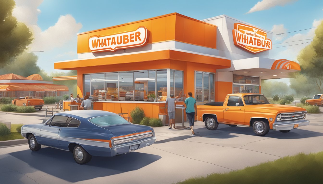 A lively Whataburger restaurant with a bustling drive-thru, outdoor seating, and a colorful, eye-catching billboard advertising their latest viral campaign