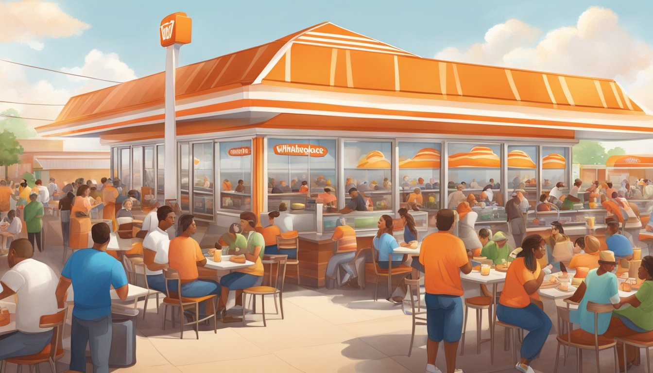 A bustling Whataburger restaurant with the iconic orange and white striped roof, surrounded by a diverse crowd of customers enjoying their meals