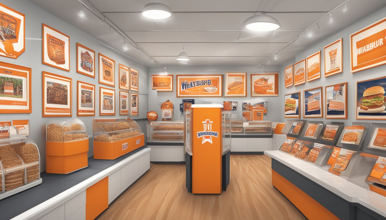 A collection of Whataburger memorabilia and photos of dedicated fans displayed in a hall of fame exhibit