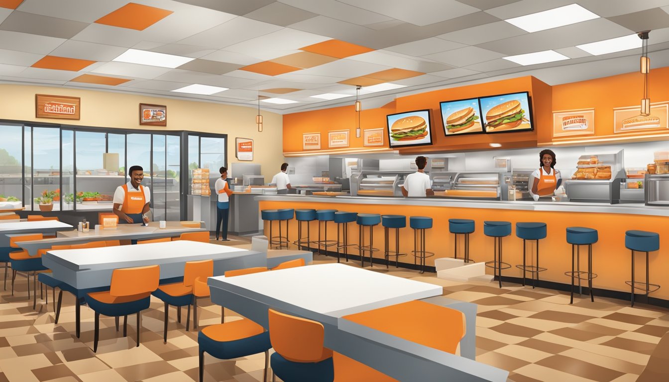 A bustling Whataburger restaurant, with a line of satisfied customers, a clean and organized kitchen, and a smiling staff providing top-quality service