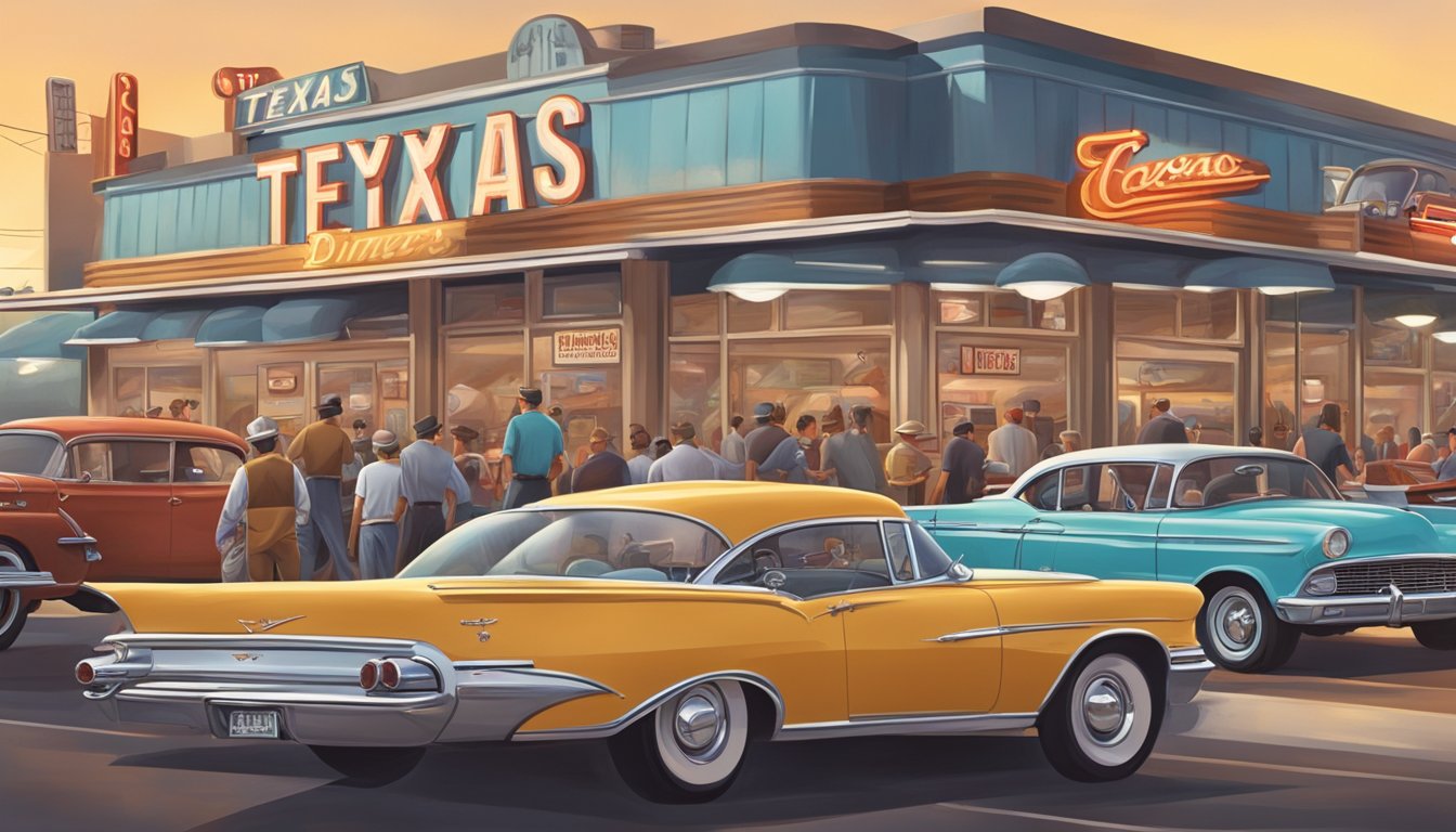 A vintage Texas diner with a retro sign, surrounded by classic cars and a bustling crowd