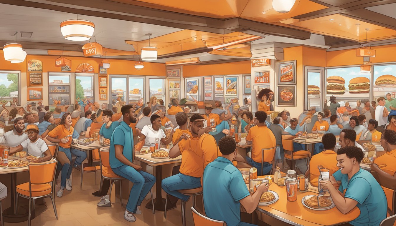 A crowded restaurant filled with Whataburger memorabilia, fan photos, and enthusiastic customers enjoying their meals