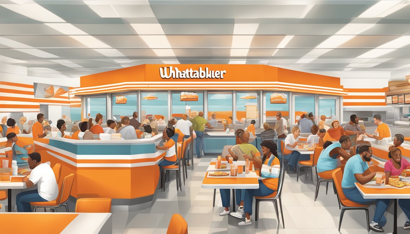 A bustling Whataburger restaurant with iconic orange and white stripes, surrounded by diverse customers enjoying their meals