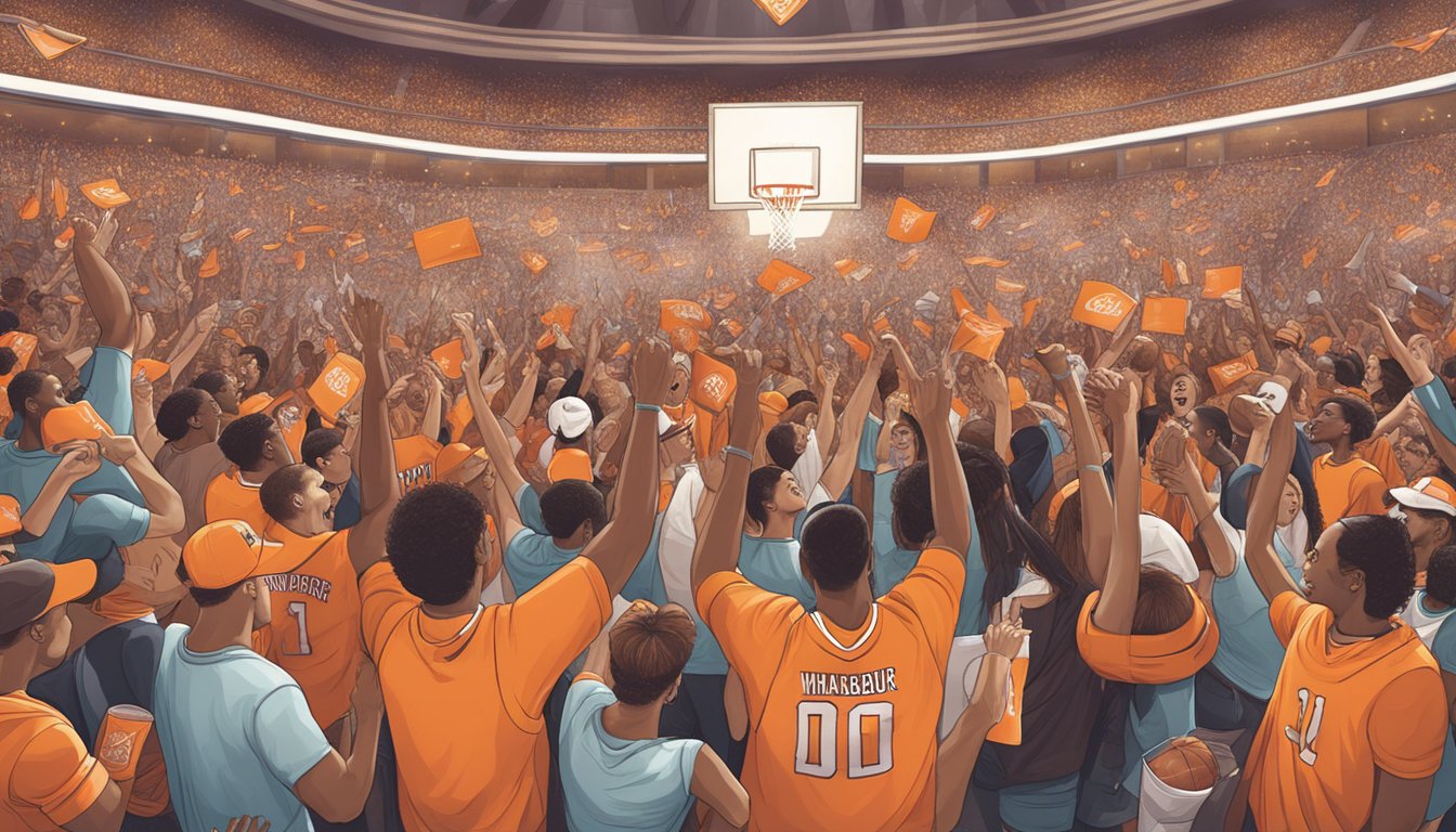 A crowded basketball arena with fans wearing Whataburger-themed clothing and holding signs, cheering and waving foam fingers