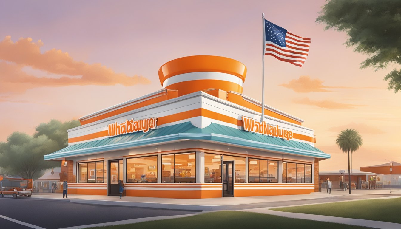 A bustling Whataburger restaurant with iconic orange and white stripes, surrounded by Texas landmarks and symbols