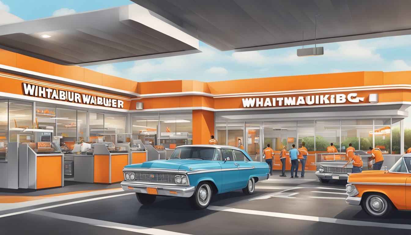 A bustling Whataburger restaurant with a drive-thru line of cars, a modern interior, and employees working efficiently to maintain quality and serve customers