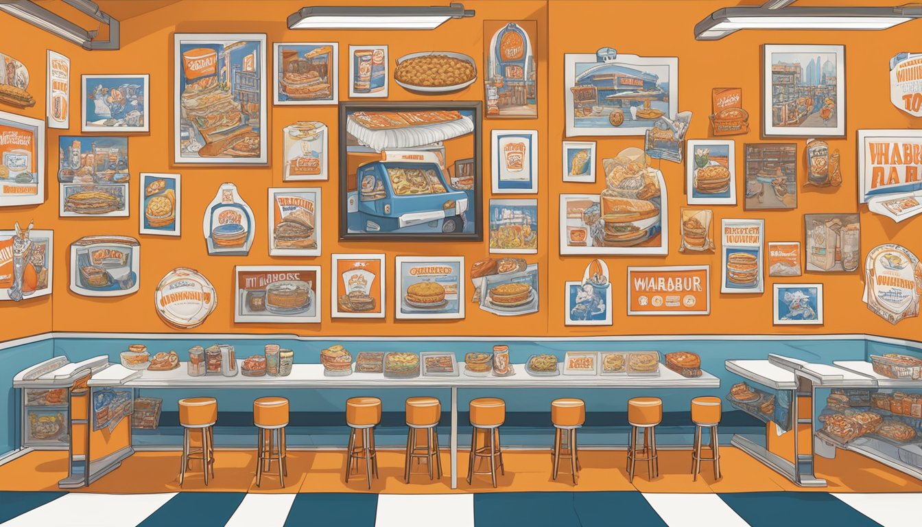 A colorful display of Whataburger memorabilia and fan art, with larger-than-life portraits of devoted fans adorning the walls