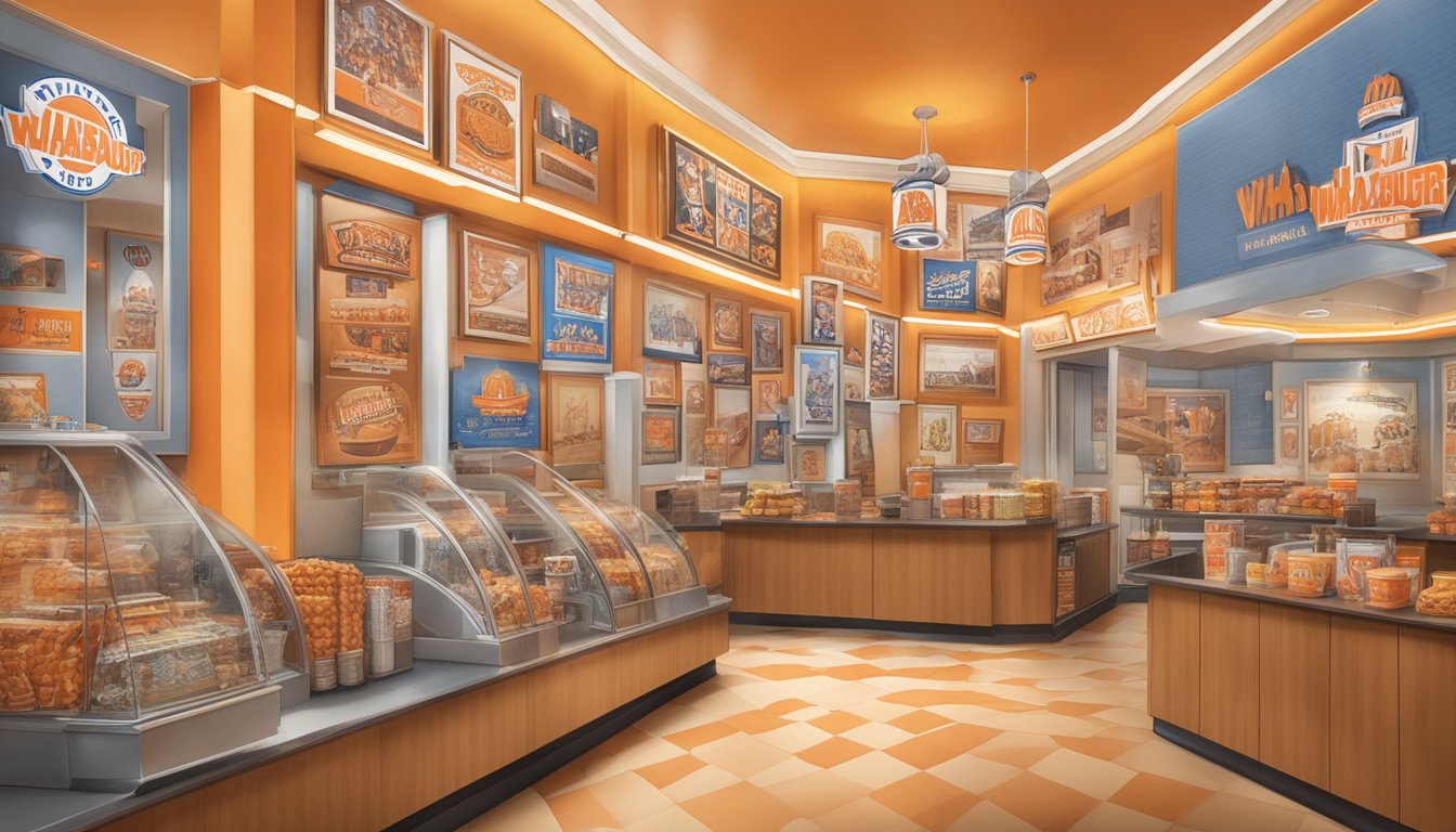 A colorful display of Whataburger memorabilia and photos of loyal fans, with a spotlight on the Hall of Fame plaque