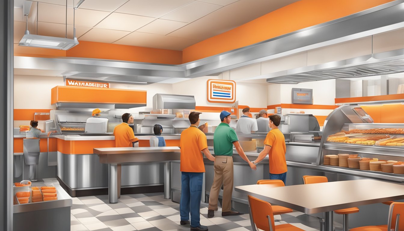 A bustling Whataburger restaurant with a line of satisfied customers, a clean and organized kitchen, and employees focused on delivering top-quality service