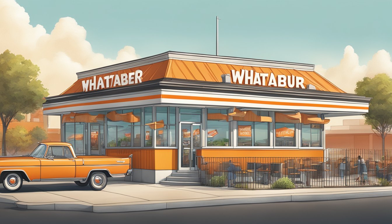 A bustling Whataburger restaurant with a retro exterior, surrounded by a thriving community and iconic Texas landmarks