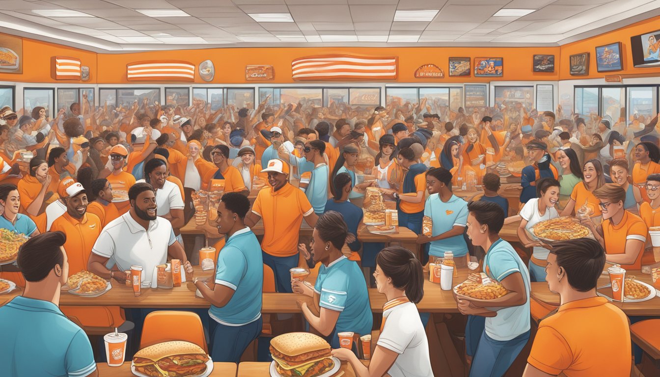 A crowded Whataburger restaurant filled with enthusiastic fans wearing branded merchandise, taking photos, and celebrating their love for the fast-food chain