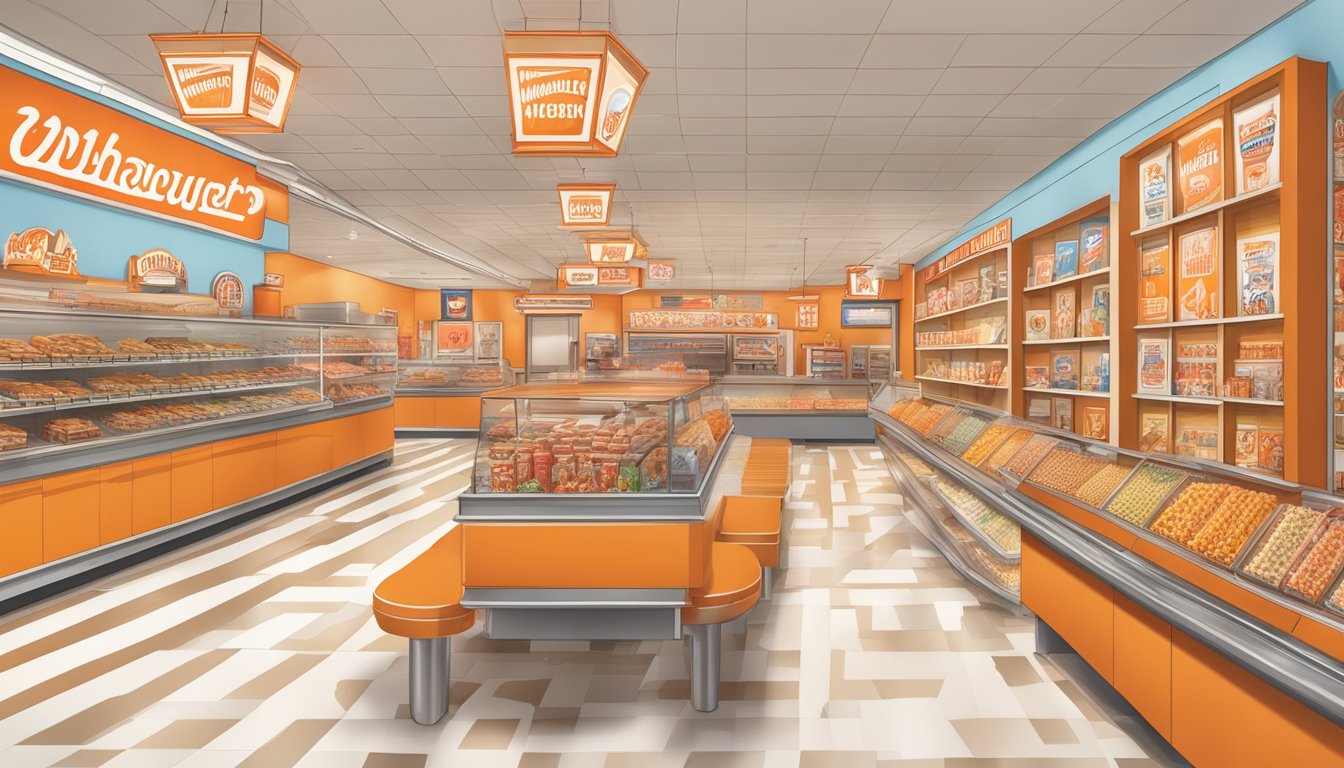 A grand museum-like hall filled with Whataburger memorabilia, showcasing the history and honoring the passionate super fans of the beloved fast-food chain