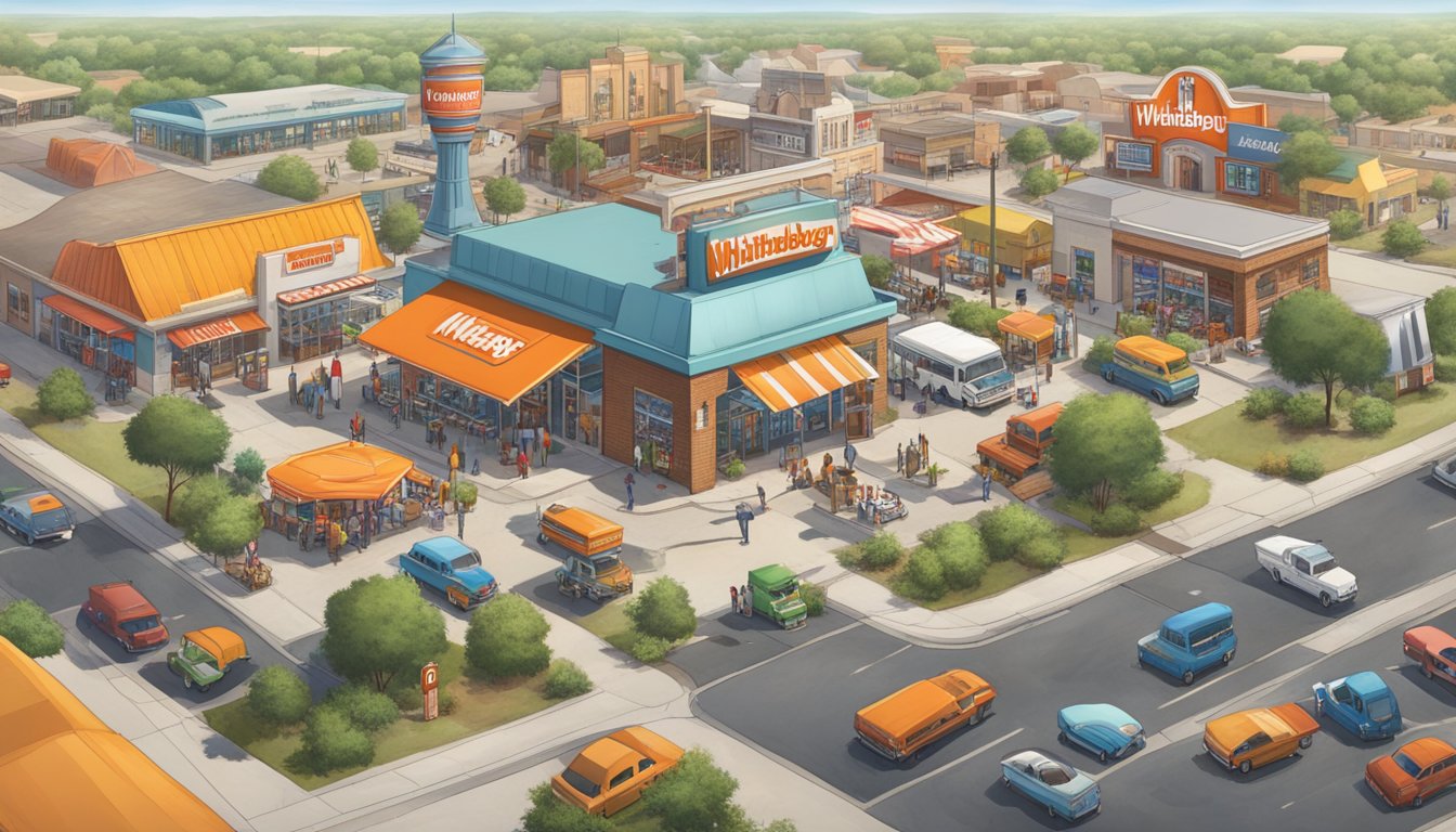 A bustling Texas town with a Whataburger restaurant at the center, surrounded by competitors and a diverse market landscape