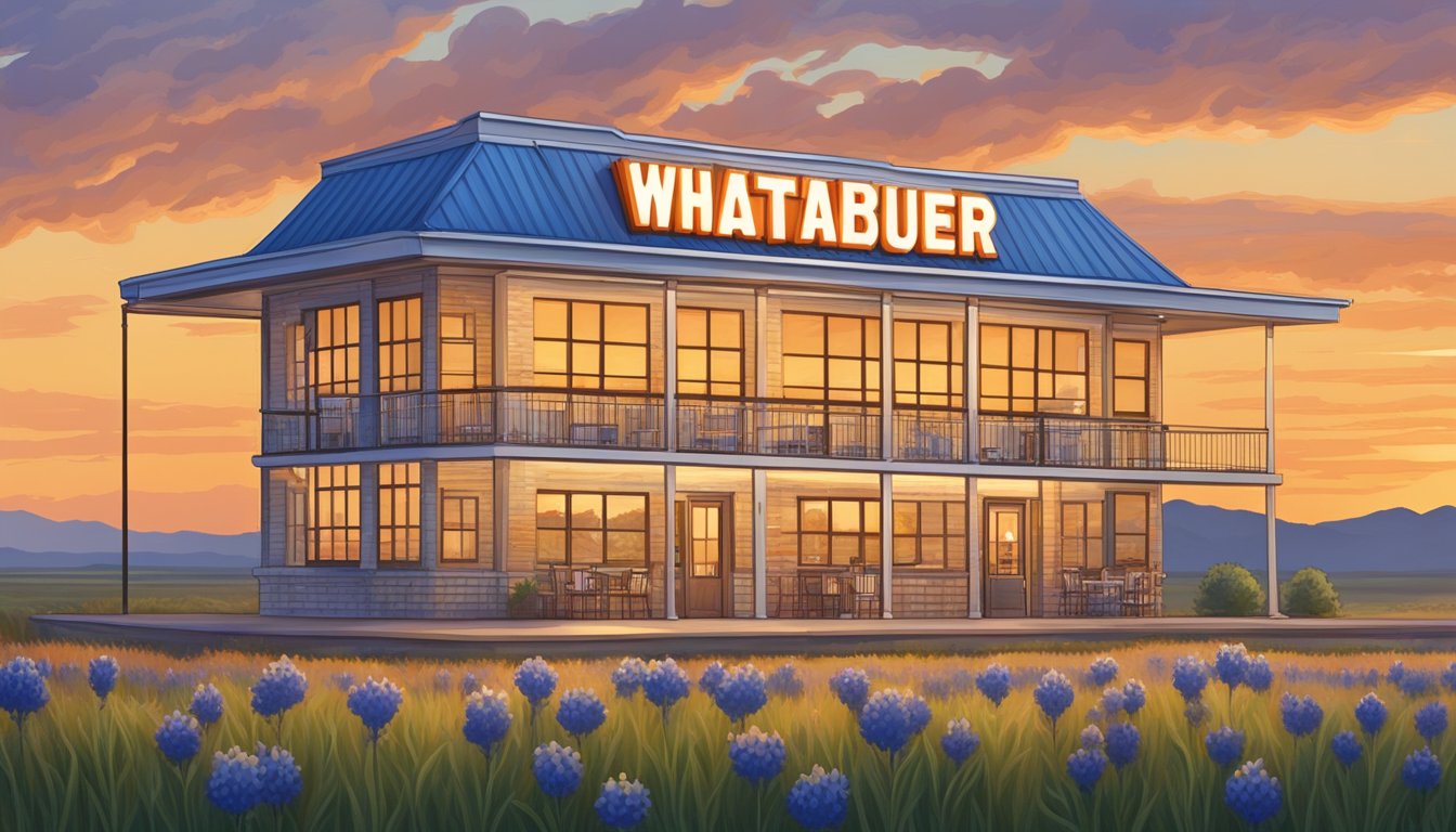 A vintage Whataburger restaurant sign stands tall against a Texas sunset, surrounded by a sprawling landscape of rolling hills and bluebonnet fields