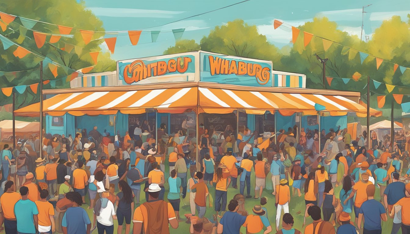 A lively outdoor music festival with colorful murals and local artists creating Whataburger-themed artwork. Musicians perform on stage, surrounded by a diverse crowd enjoying the collaborative celebration of Texas culture