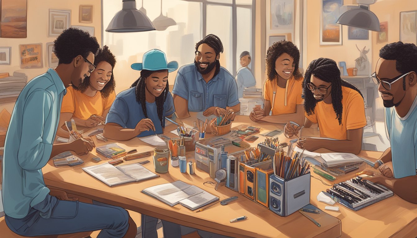 A group of Texas artists and musicians gather around a table filled with art supplies and musical instruments, working together on a collaborative project for Whataburger