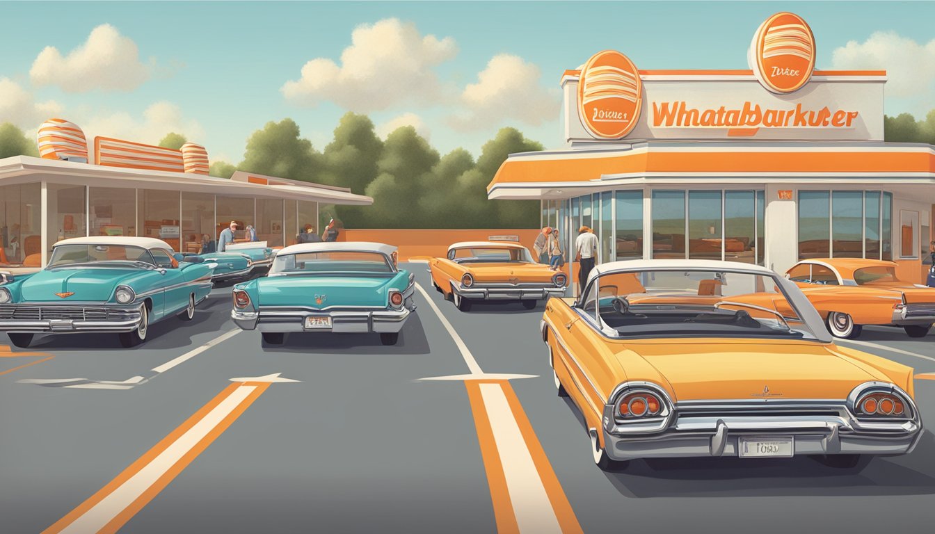 A vintage drive-thru scene at Whataburger with classic cars lined up and a retro-inspired speaker system for ordering